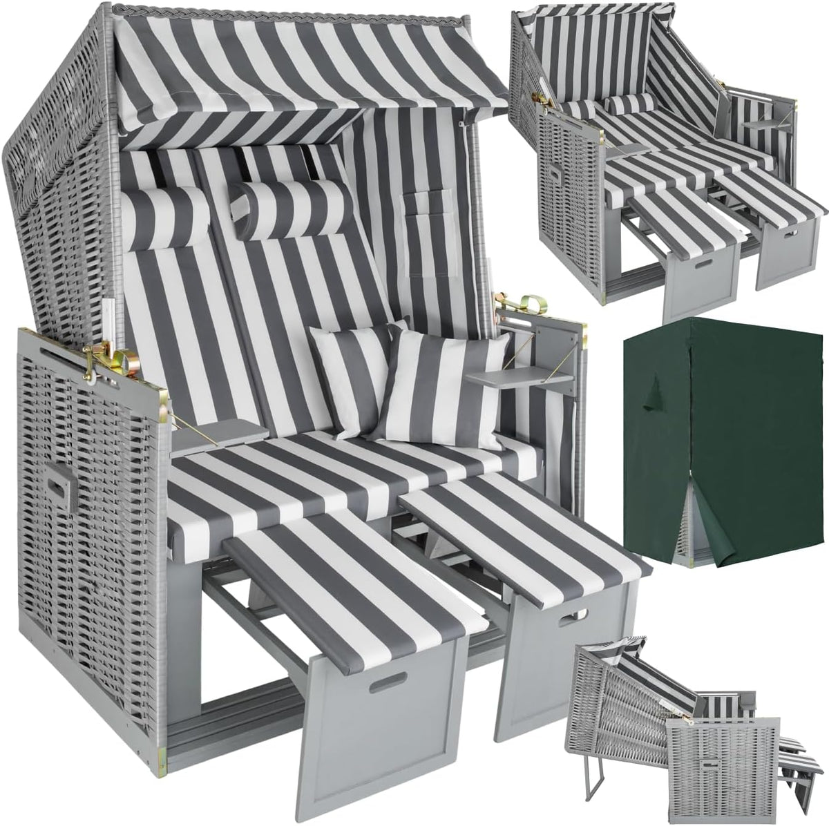 tectake Strandkorb, Strandkorb Ostsee 2-Sitzer, Volllieger mit Fußbänkchen und Seitentische, für Balkon, verstellbare Rückenlehne, Garten und Terrasse