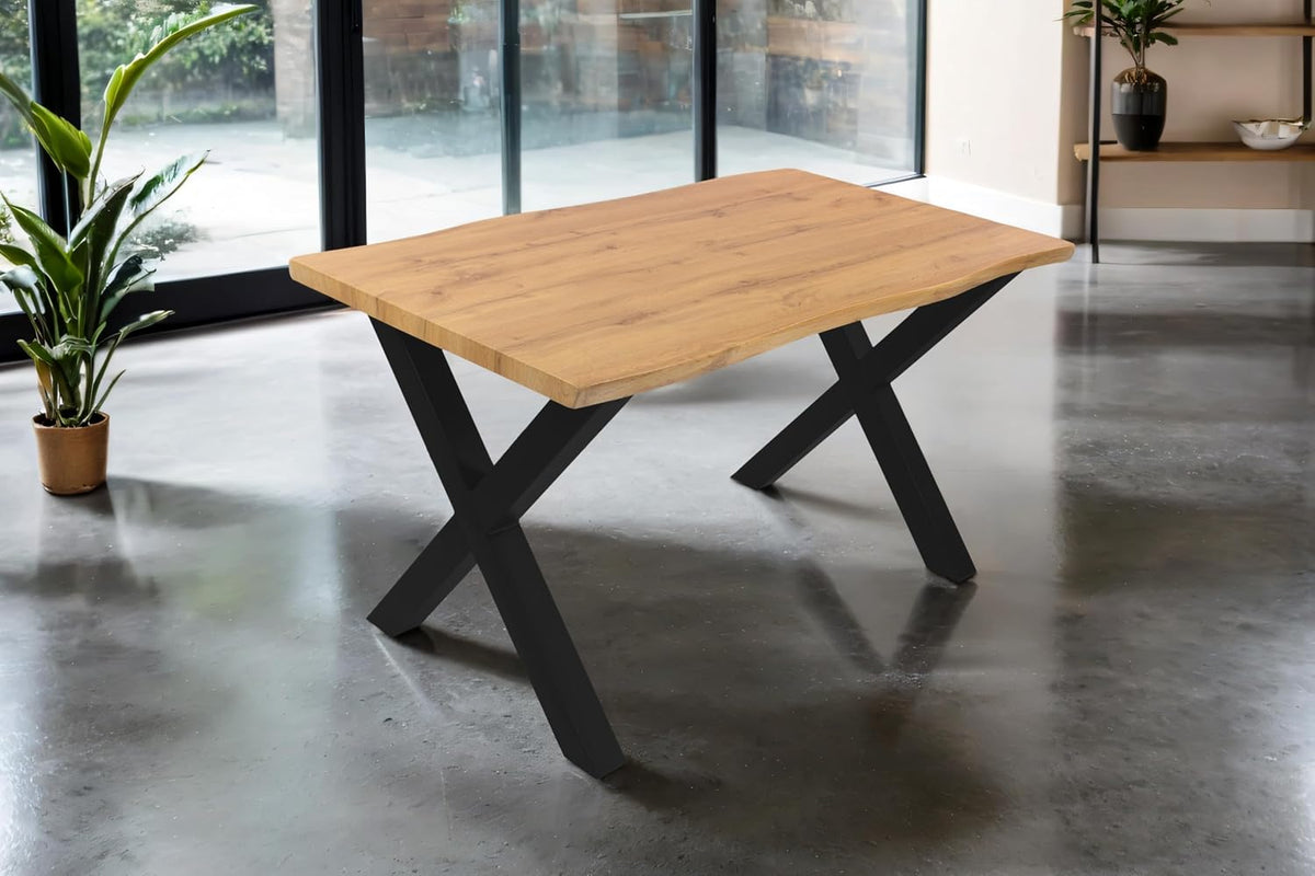 SAM Esstisch Josy, Tisch für Esszimmer & Küche, 40 mm Tischplatte mit Baumkante, 120 x 80 cm, Holz Wildeiche-Optik, X-Gestell Metall schwarz