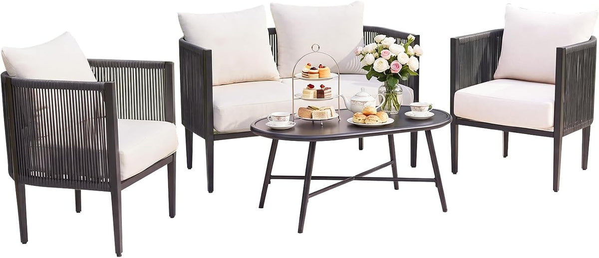 NATURAL EXPRESSIONS 4-teiliges Gartenmöbel-Set mit dicken Olefin-Kissen und Metalltisch, handgeflochtenes Rattan-Sitzgarnitur für Hof