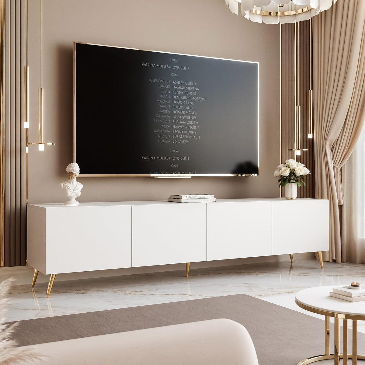 TV Lowboard stehend mit LED und 4 Fächern 200 cm Weiß Matt