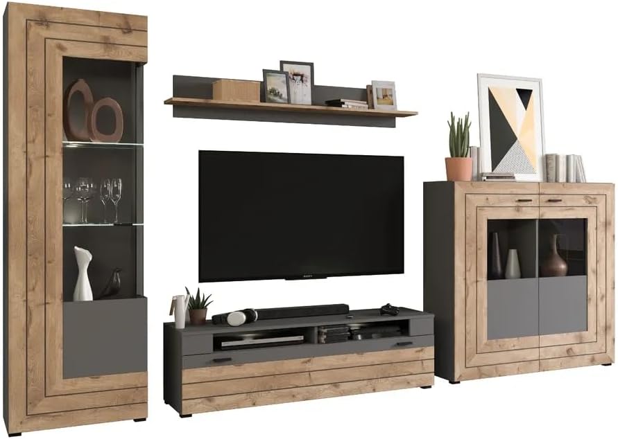 xonox.home Wohnzimmer Freno 4tlg. Set Wohnkombination Wohnwand Wohnzimmermöbel Wohnzimmerschrank Möbelkombination Wohnzimmerset in grau Nb.Absetzung