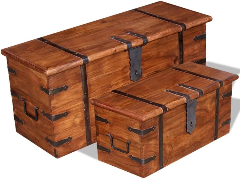 Vintage Kasten aus Holz 2er Set Dekokoffer Truhen Sitztruhe Aufbewahrungstruhen Holztruhe mit Deckel & Stauraum, Massivholz
