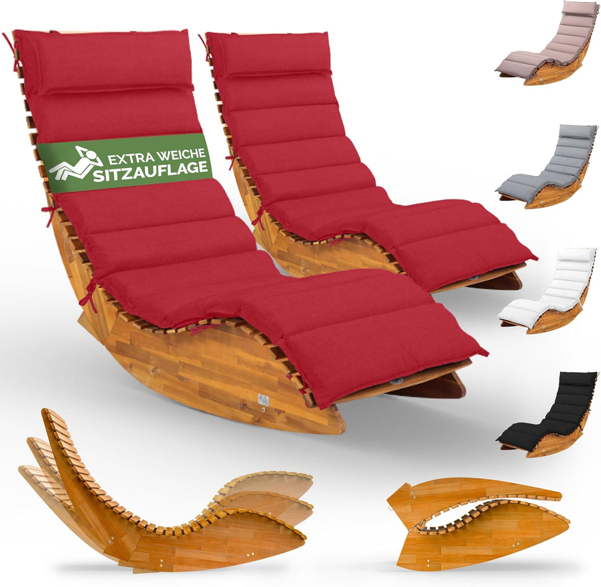 CASARIA 2X Sonnenliege inkl. Auflage 2 Personen Dunkelrot Klappbar Wetterfest Holz Garten Liege Ergonomisch 160kg Belastbarkeit FSC-Zertifiziert