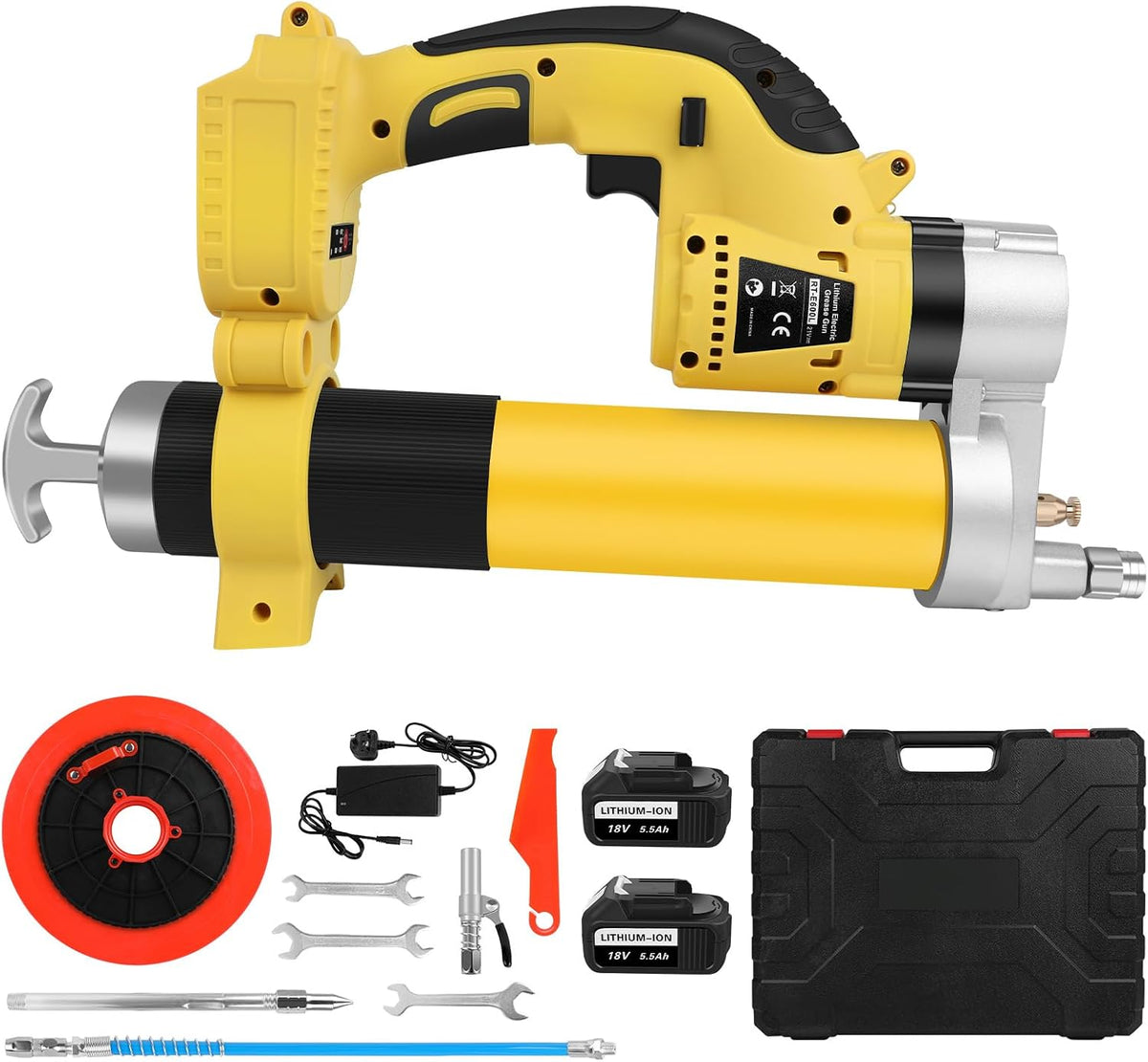 ASUNCELL Akku-Fettpresse 18V, 18 Volt 5500mAh Akku Fettpresse von Fahrzeugen und Maschine, Elektrische Fettpresse Kit mit 2 Batterien und Ladegerät