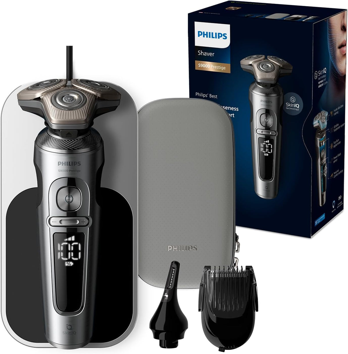 Philips Shaver Series 9000 Prestige, Modell SP9871/22, Elektrischer Nass- und Trockenrasierer, helles Chrom, Lift & Cut Rasiersystem, Qi Ladepad