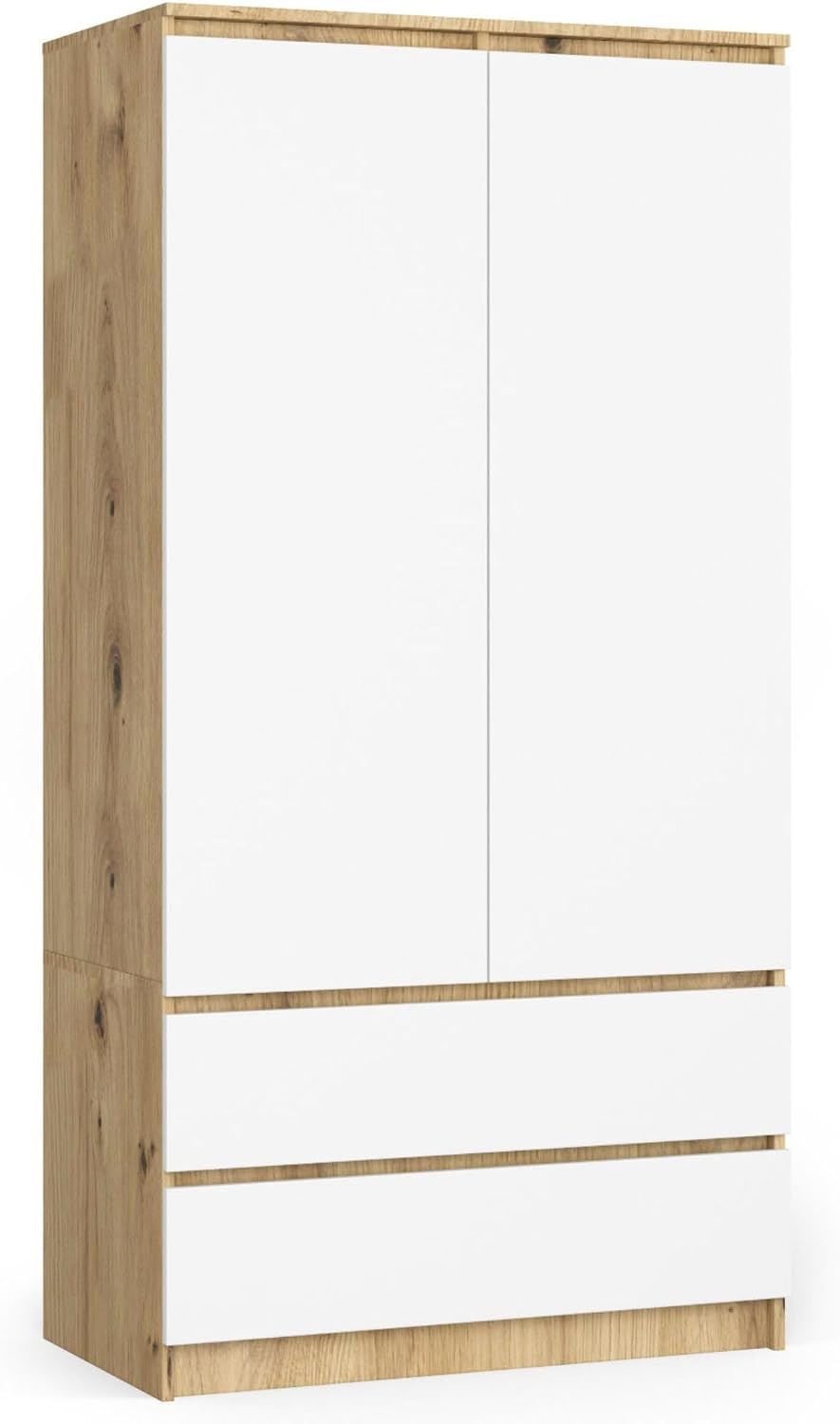 AKORD Zweitüriger Kleiderschrank S 90 cm 2 Schubladen mit Regalen und Einer Kleiderstange für EIN Schlafzimmer Kleiderschränke Minimalistischer Stil