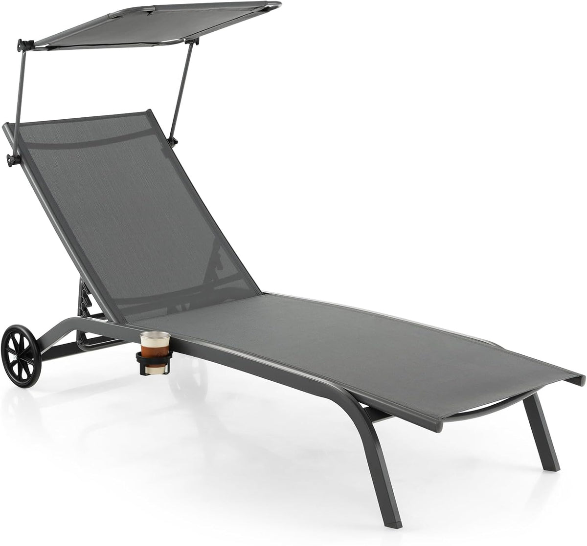 GOPLUS Gartenliege, bis 150kg belastbar, 165 x 61 x 96cm (Grau), Sonnenliege mit Dach, Liegestuhl Garten mit Rollen & Getränkehalter