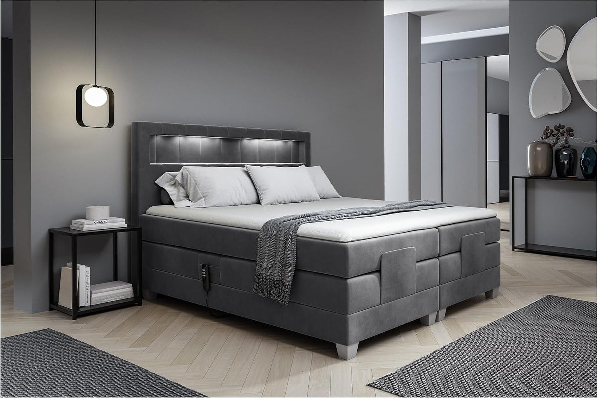 MEBLINI Boxspringbett Elektrisch Verstellbar mit LED, Bett mit Kopfteil, 180x200, H3/Dunkelgrau Samt, Gepolstert Doppelbett mit Matratzen und Toppers