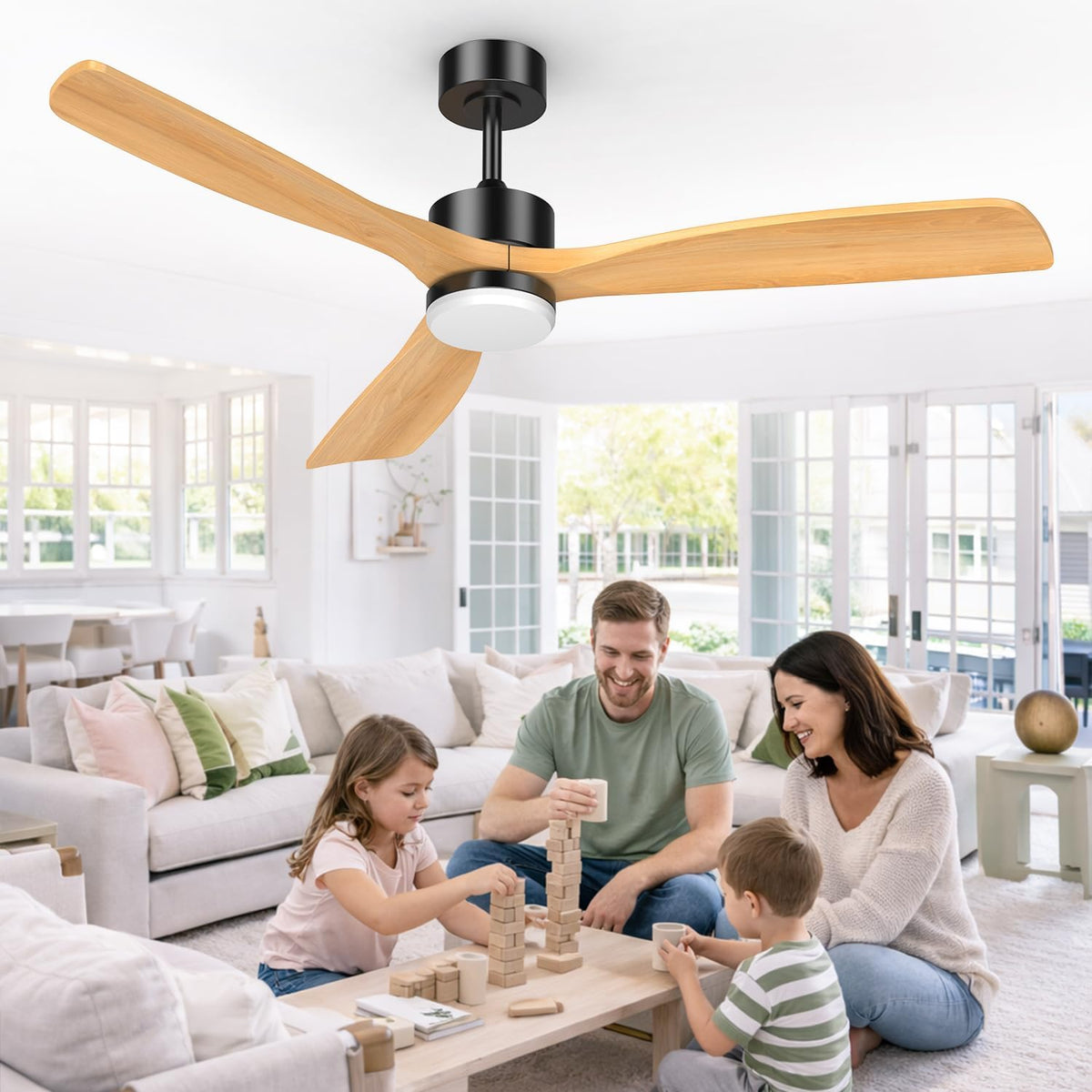 Airwit 152cm Holz Deckenventilator mit Beleuchtung, Großer Deckenventilator mit Dimmbarem LED-Licht und Fernbedienung, Terrasse, Außenbereich