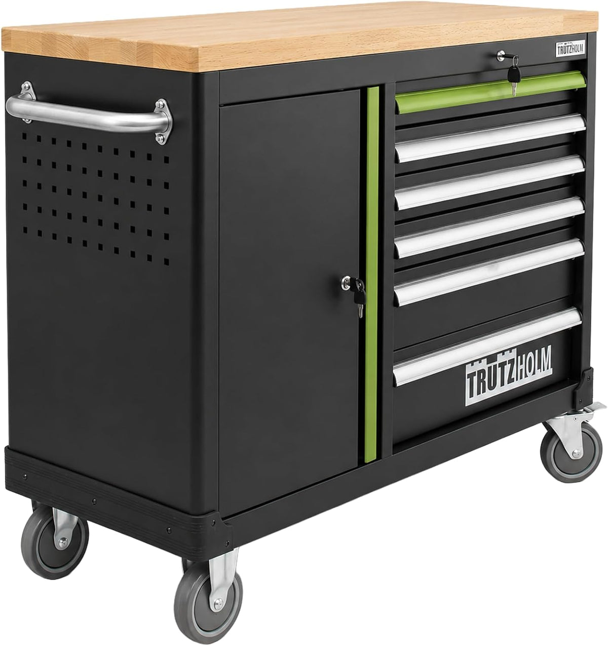 TRUTZHOLM Werkzeugwagen leer Deluxe, fahrbare Werkbank 108 x 46,5 x 77 cm, Werkstattwagen mit 6 Schubladen & Türfach, grün/schwarz