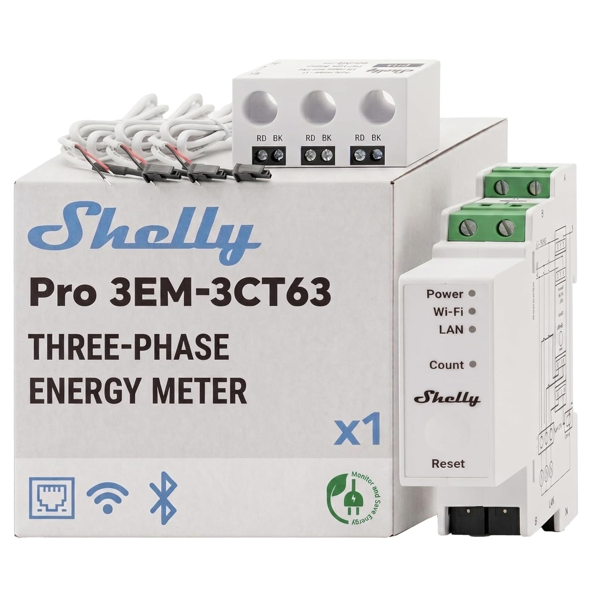 Shelly Pro 3EM, 3CT63, WLAN und LAN 3-Phasen-Energiezähler & Stromwandler, 63А, Echtzeit-Energieüberwachung, kein Hub Erforderlich, PV-kompatibel