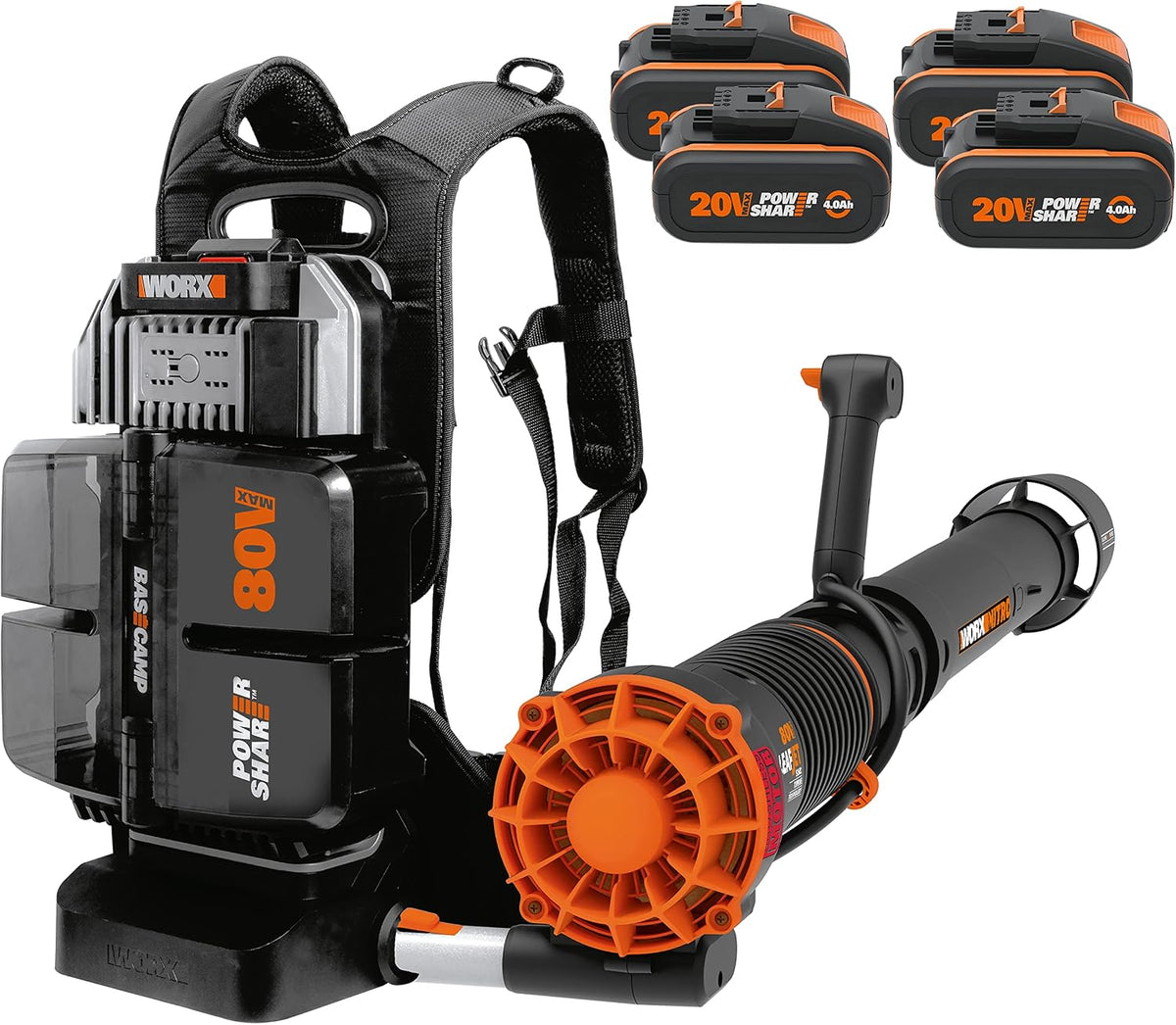 WORX WG572E Laubbläser 80V, inkl. 4 x Pro Akkus & Basecamp Ladengerät