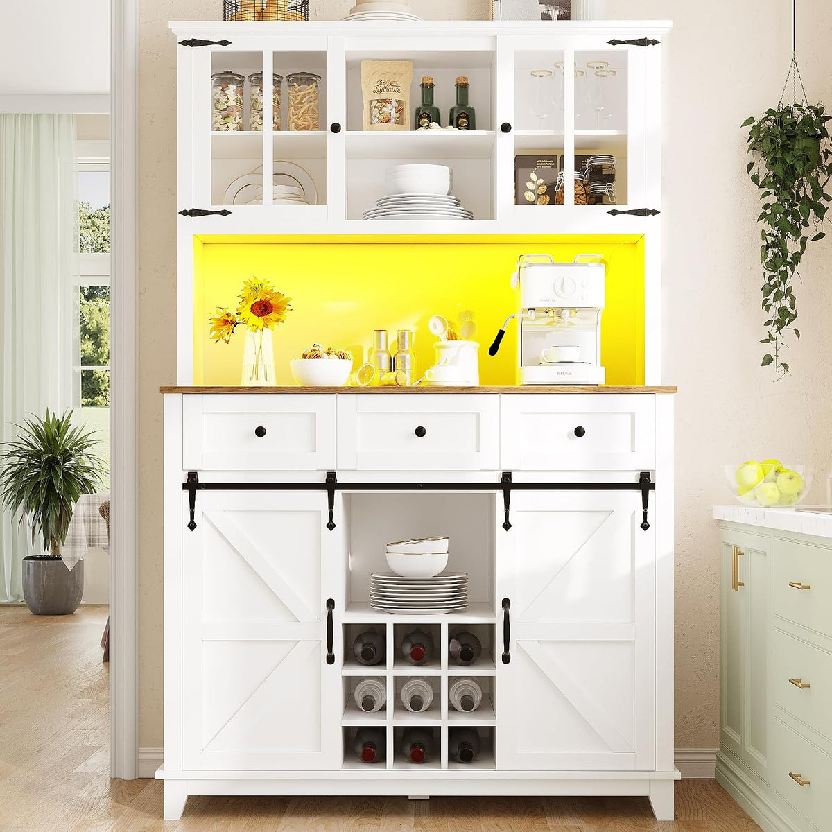 Merax Küchenschrank mit Arbeitsplatte, 105x38.4x180cm, Buffetschrank mit LED-Beleuchtung, Hochschrank Küchenbuffet, Schubladen und Glas Türen, Weiß