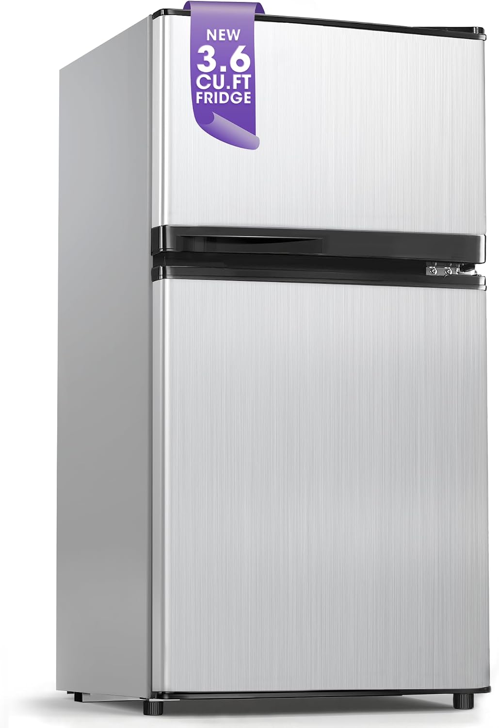 Tehanld 3.6 Cu.Ft Double Door Mini Fridge with Freezer, Compact Refrigerator with Removable Shelves, Low Noise Small Fridge for Dorm, Bedroom, Sliver