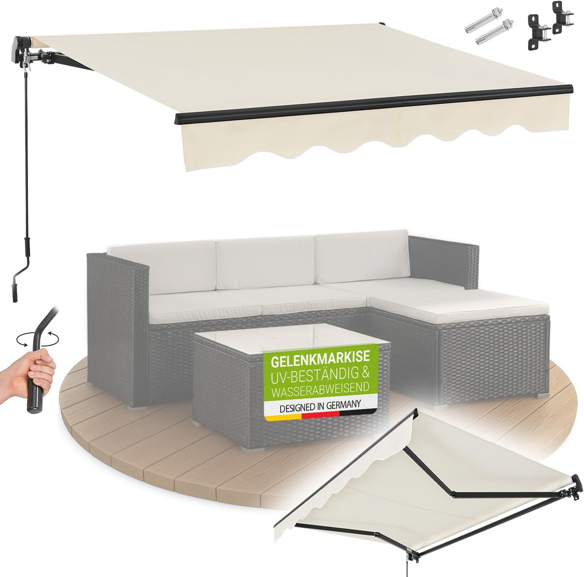 Juskys Gelenkarmmarkise 300 x 250 cm, Markise für Terrasse & Balkon, UV40+ & wasserabweisend, mit Kurbel & Wandhalterung Länge + Winkel einstellbar