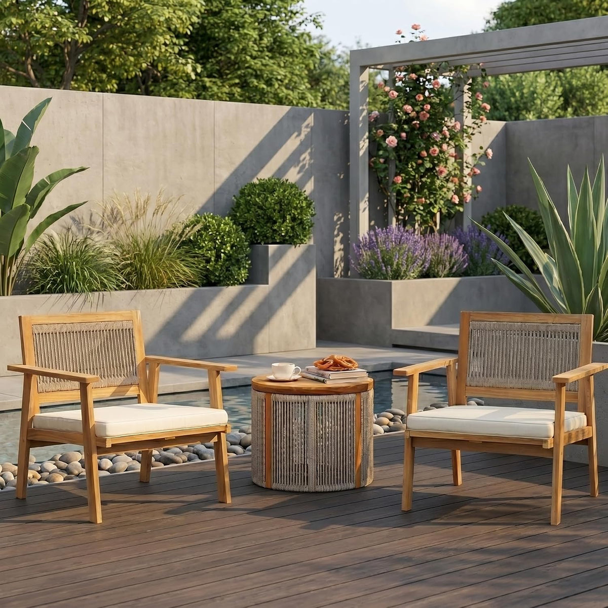 Hometopia Gartenstuhl Holz 2er Set mit Kissen Akazienholz, Stabil bis 150kg für Balkon, Terrasse und Garten 64 x 64 x 75 cm