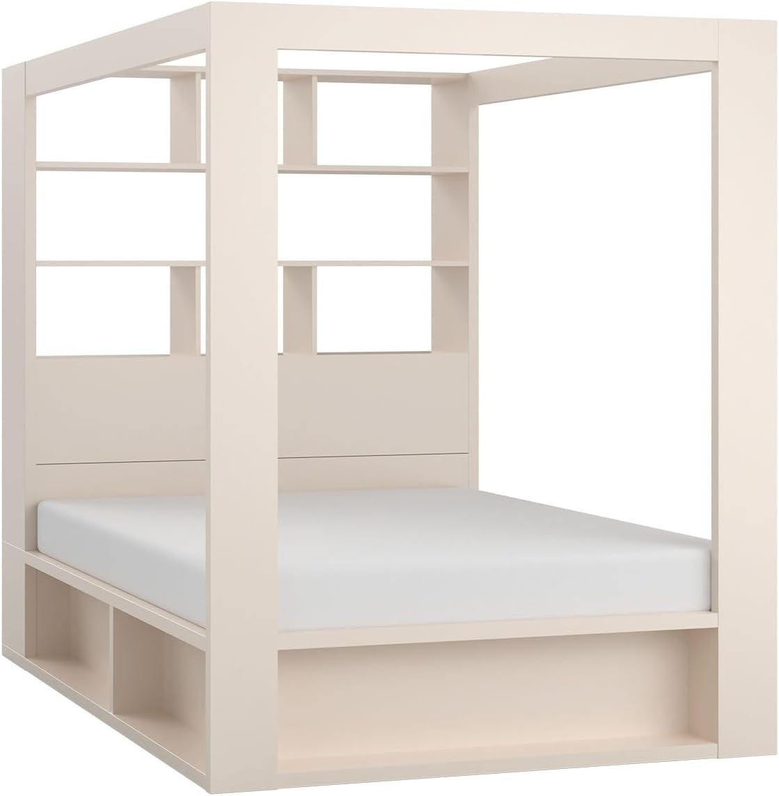 QMM Himmelbett Calgary 160x200 sandbeige Doppelbett Ehebett mit Regalen, aufklappbarem Lattenrost und Bettkasten, Schlafzimmer modernes Design