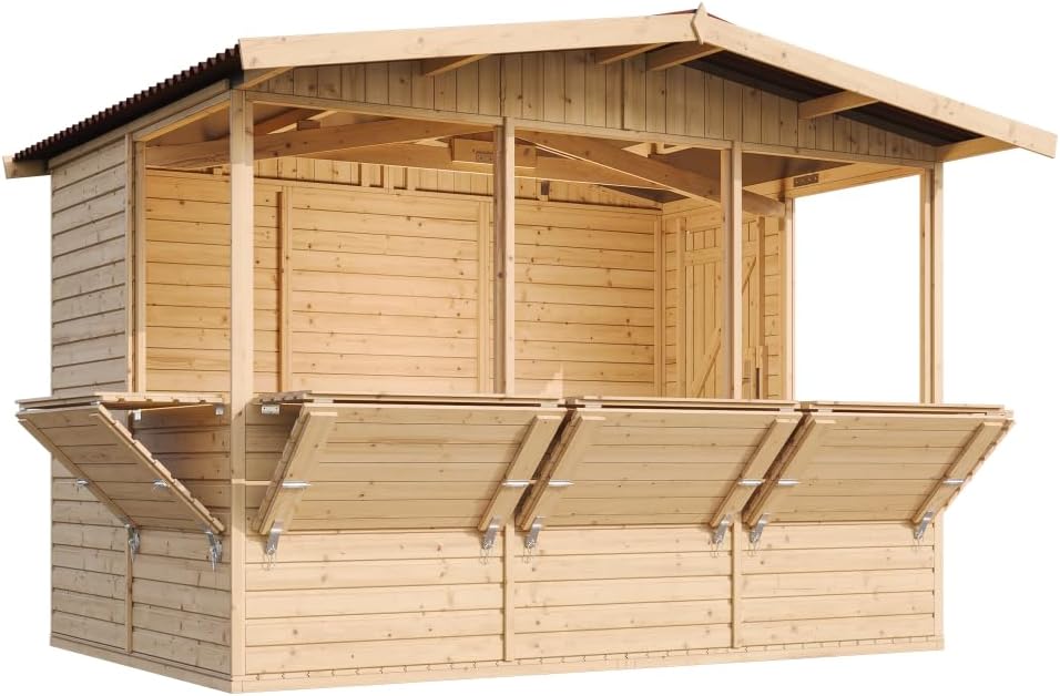 TIMBELA M150B Holz Gartenhaus, 200x300/6 m2, Marktbude Holz, FÜNF Fenster, große multifunktionale Garten-Bar Verkaufshütte