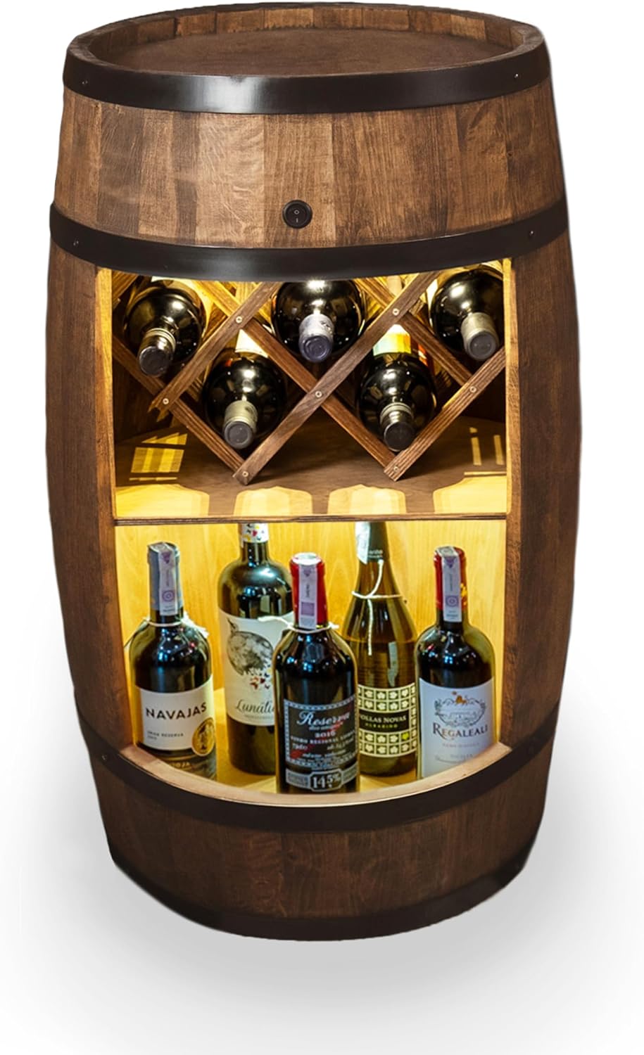 CREATIVE COOPER Fass bar mit Weinhalter, Holzfass Hausbar 80x50cm, Weinregal LED, Rustikaler deko Barschrank Weinständer, Weinschrank (Dunkelbraun)