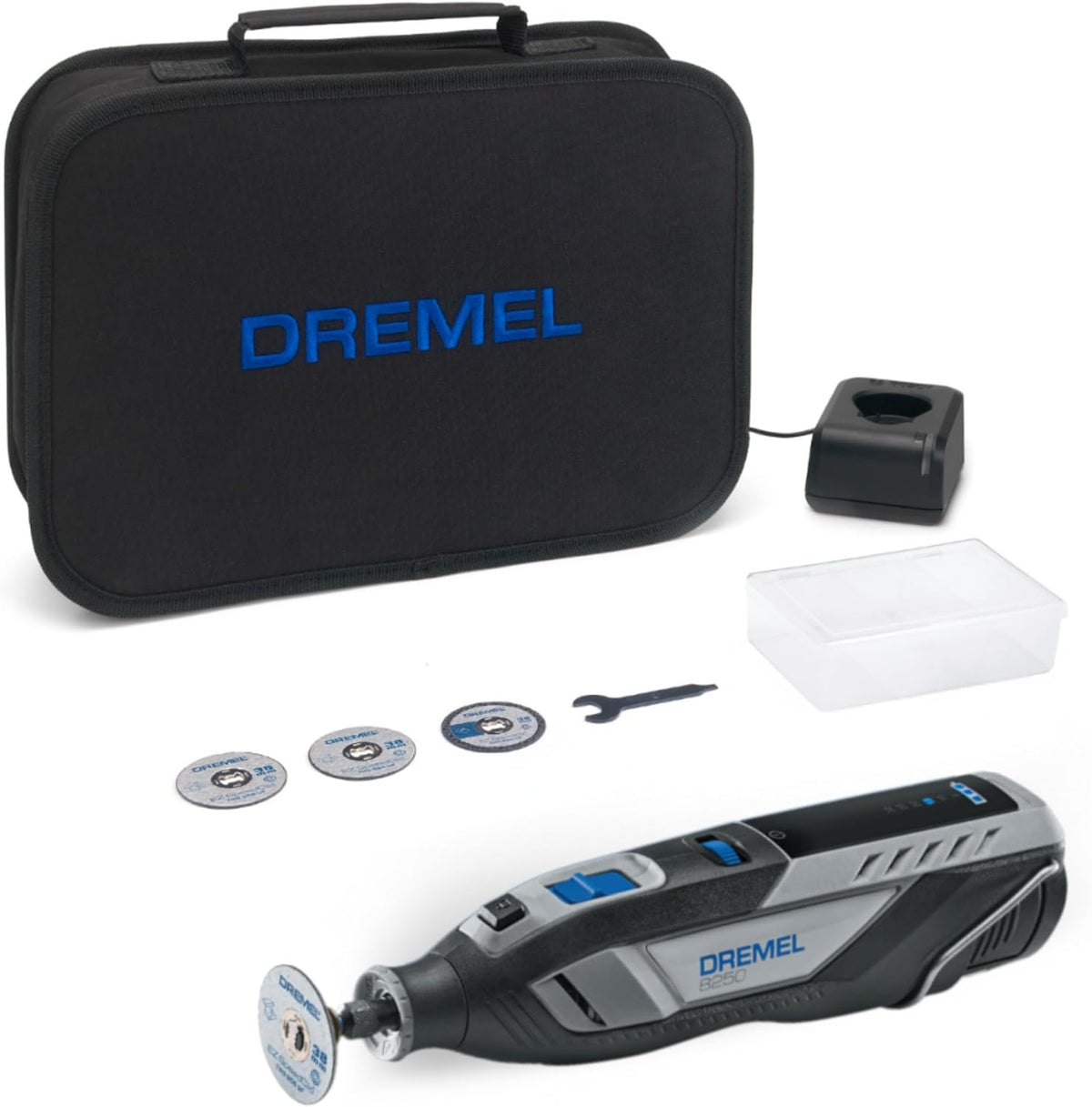Dremel 8250 12V Akku-Rotationswerkzeug 5.000-30.000 U/min Bürstenloser Multifunktionswerkzeug set mit Soft Case, 5 Zubehören, Fräsen, Gravieren