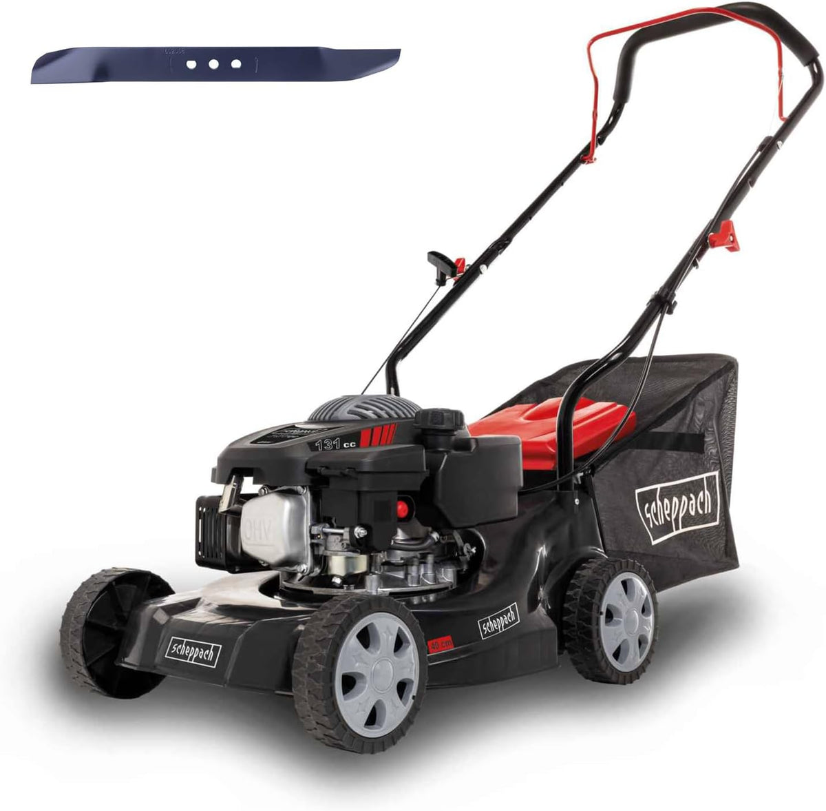 Scheppach Benzin Rasenmäher MP132-40 mit 40cm Schnittbreite, 3-fache Schnitthöhenverstellung, Leistung 3,3PS / 2,4kW, 35 Liter Fangkorb