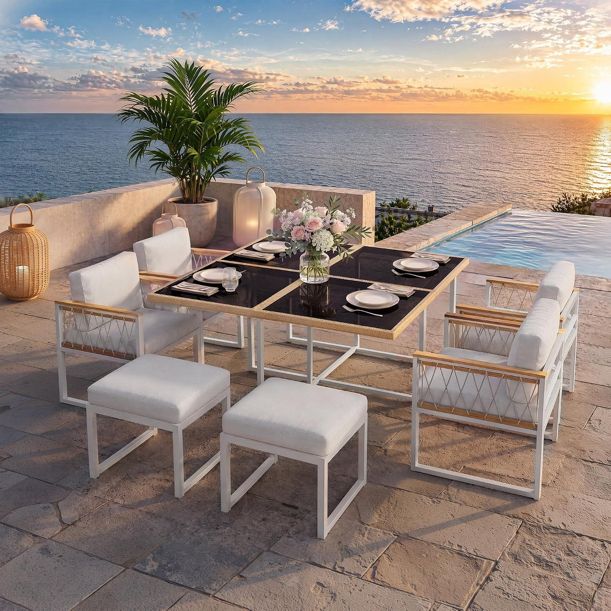 Mrwoo Garten Lounge Möbel Set, Gartenmöbel Set für 6 Personen, Glastisch mit Rattankanten, Robuster Wetterfester Rahmen, WPC-Armlehnen, Seildesign