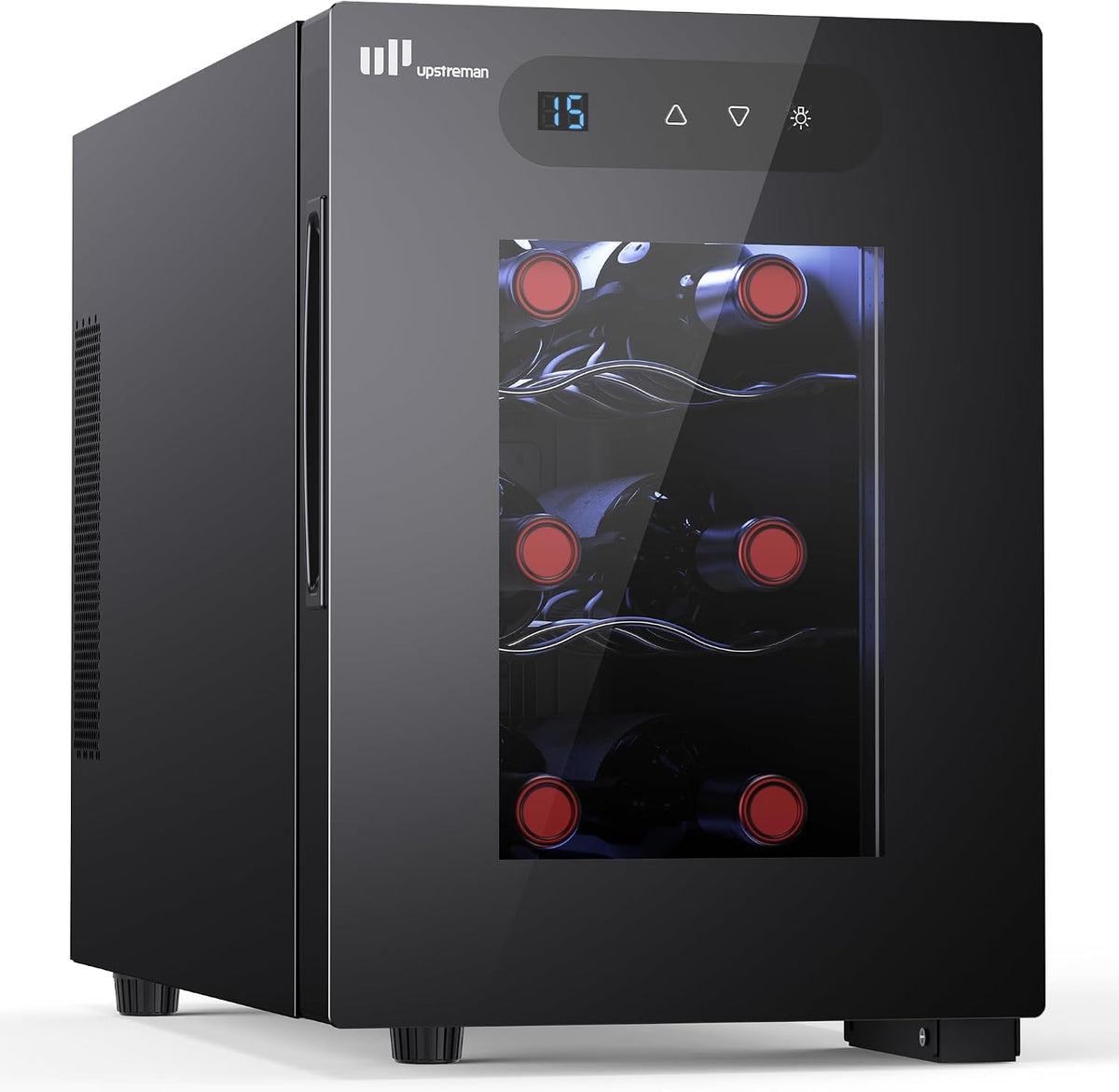 Upstreman Weinkühlschrank Klein 6 Flaschen, Kleiner Kühlschrank mit Glastür, Weinkühler Elektrisch mit Touch-Display und LED-Innenbeleuchtung