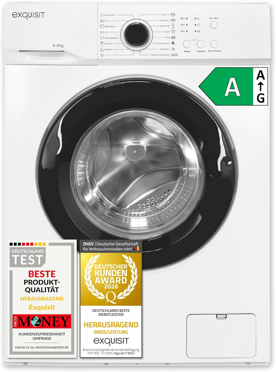 Exquisit Waschmaschine 6kg, 44 cm Tiefe, Kleine Waschmaschine, Weiss