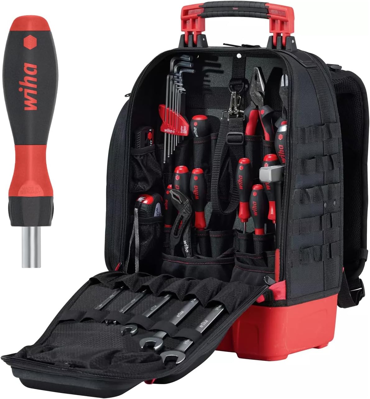 Wiha Mechaniker Werkzeugrucksack 41-tlg. I mit Mechaniker Grundausstattung I stabiler Standboden I mit Laptopfach I Taschen für Zubehör (45529)