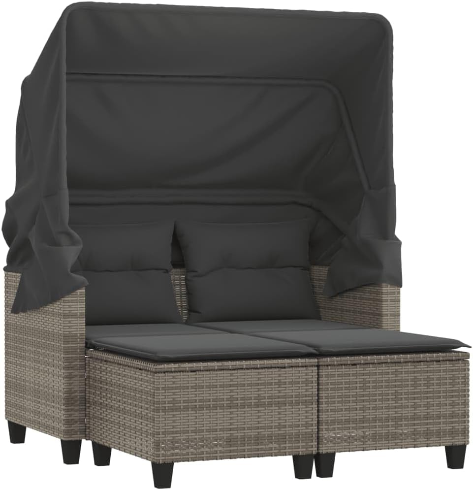 vidaXL Gartensofa 2-Sitzer mit Dach Hockern, Outdoor Sofa Gartenmöbel, Garten Lounge Set Terrasse, Terrassenmöbel Zweisitzer, Grau Poly Rattan