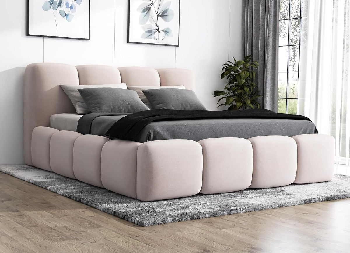 A&J MöbelLand Polsterbett 120x200 mit Bettkasten und Lattenrost, Bett mit Stauraum in Beige ohne Matratze, DONA-OM