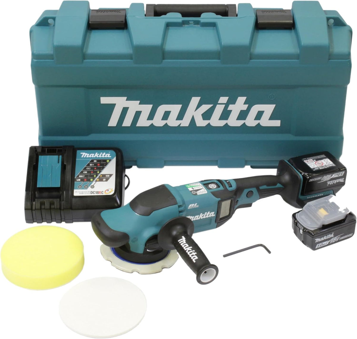 Makita DPO600TKX1 Exzenterpolierer, 18 V / 5,0 Ah, 1 Akku plus Ladegerät im Transportkoffer, Blau
