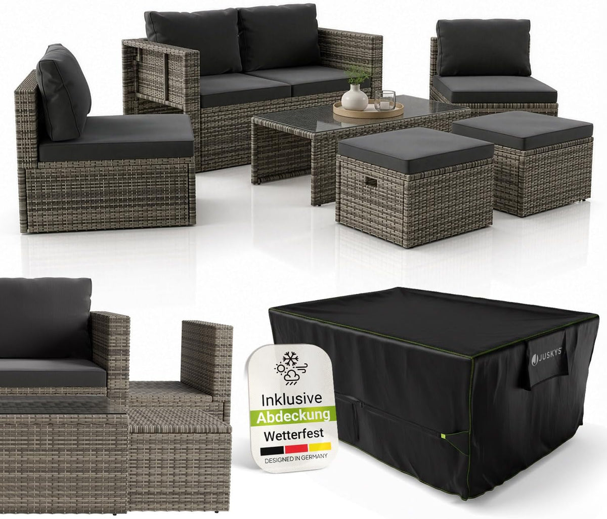 Juskys Polyrattan Gartenmöbel Set Salou inkl. Abdeckung, Sitzecke mit Tisch & Kissen für Garten, Outdoor Lounge wetterfest 6 Personen, Balkon, Grau