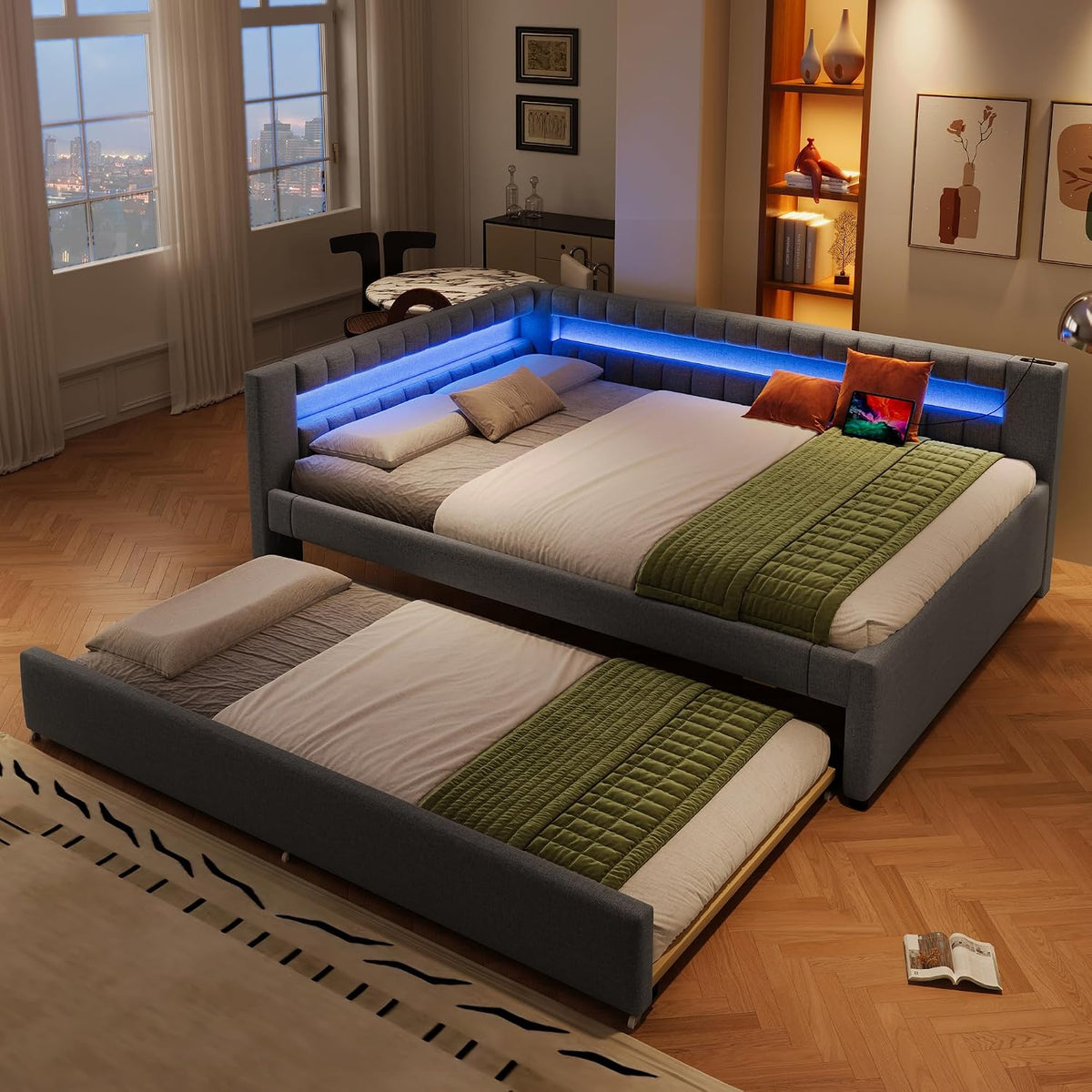 Polsterbett Schlafsofa 140x200 mit LED-Beleuchtung & USB Type-C Ladefunktion, Ohne Matratze, Bettgestell mit Ausziehbett & Lattenrost, Leinen, Grau
