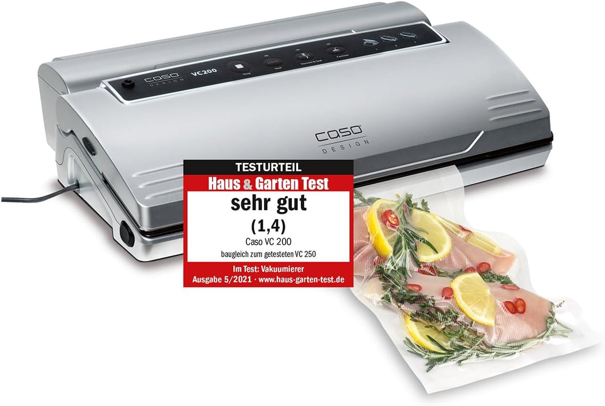 CASO VC200 Vakuumierer, inkl.Cutter, inkl. 2 Profi-Folienrollen & Schlauch für Vakuumbehälter, Testurteil Sehr Gut, doppelte Schweißnaht