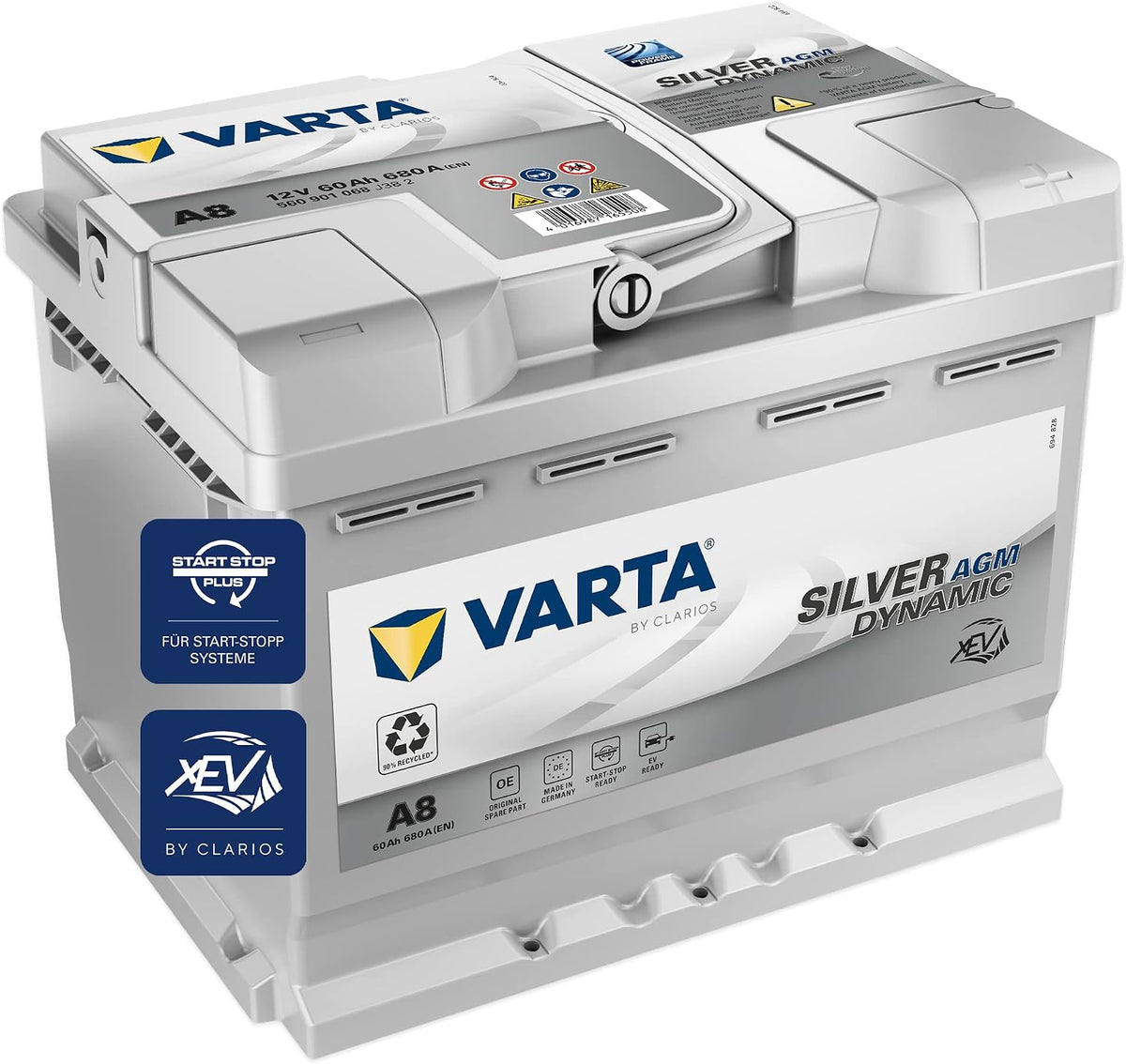 VARTA Silver Dynamic AGM Batterie A8, Start-Stop und xEV Autobatterie 12V 60Ah 680A, Starterbatterie für Autos mit hohem Energiebedarf