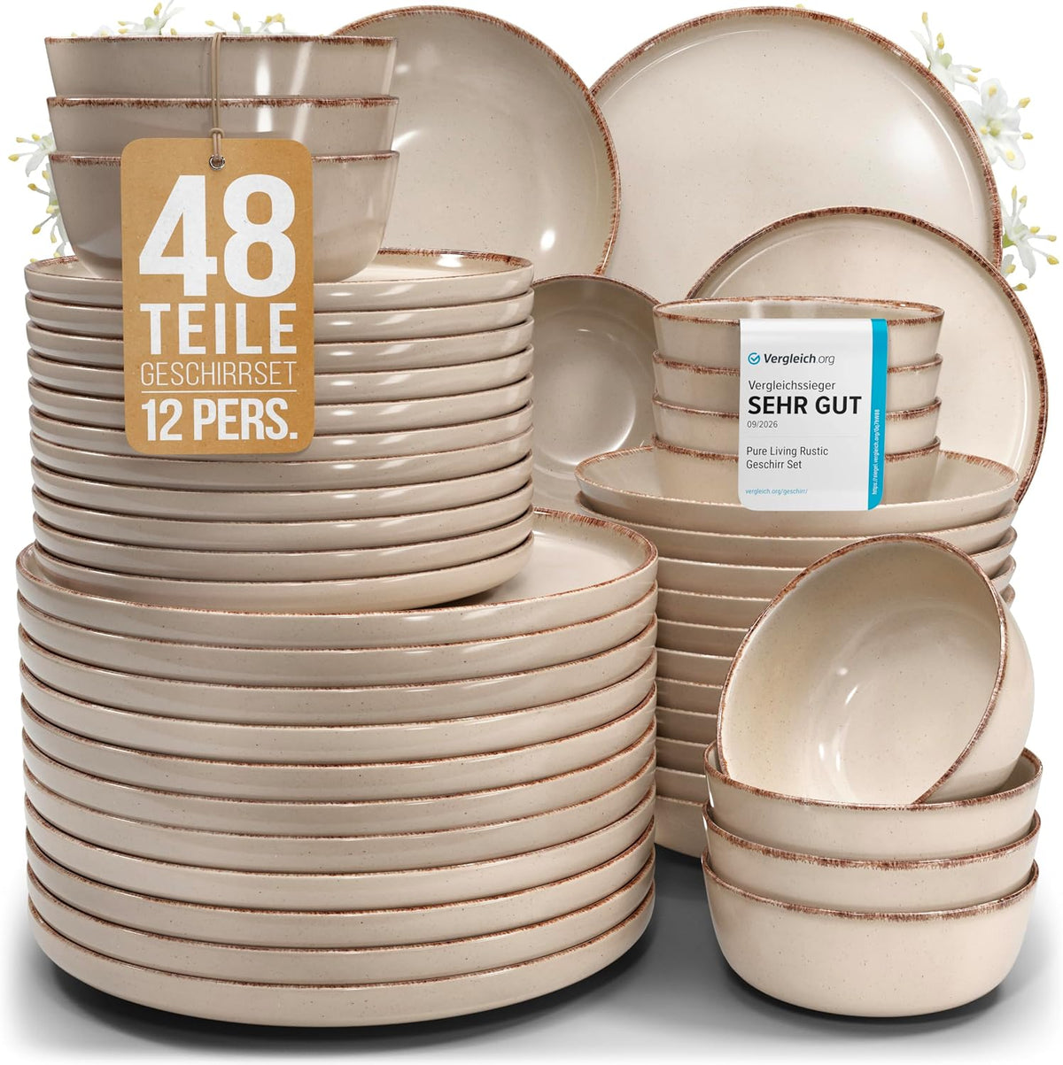 Steingut Geschirrset 12 Personen Rustic 48 tlg. TESTSIEGER, Schüssel- und Teller Set, Geschirrsets Pure Living in Beige