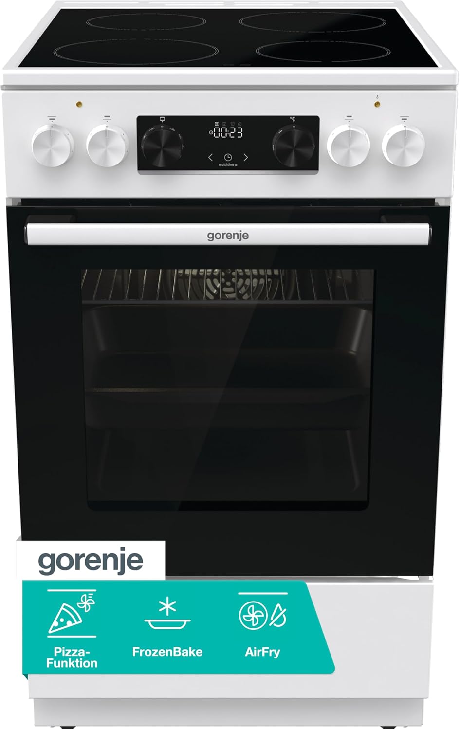 Gorenje GEC5C61WG Elektro-Standherd mit Glaskeramik-Kochfeld, 50cm Breite, 70 Liter, Pizza Funktion, FrozenBake, AirFry, MultiAir Technologie, Weiß