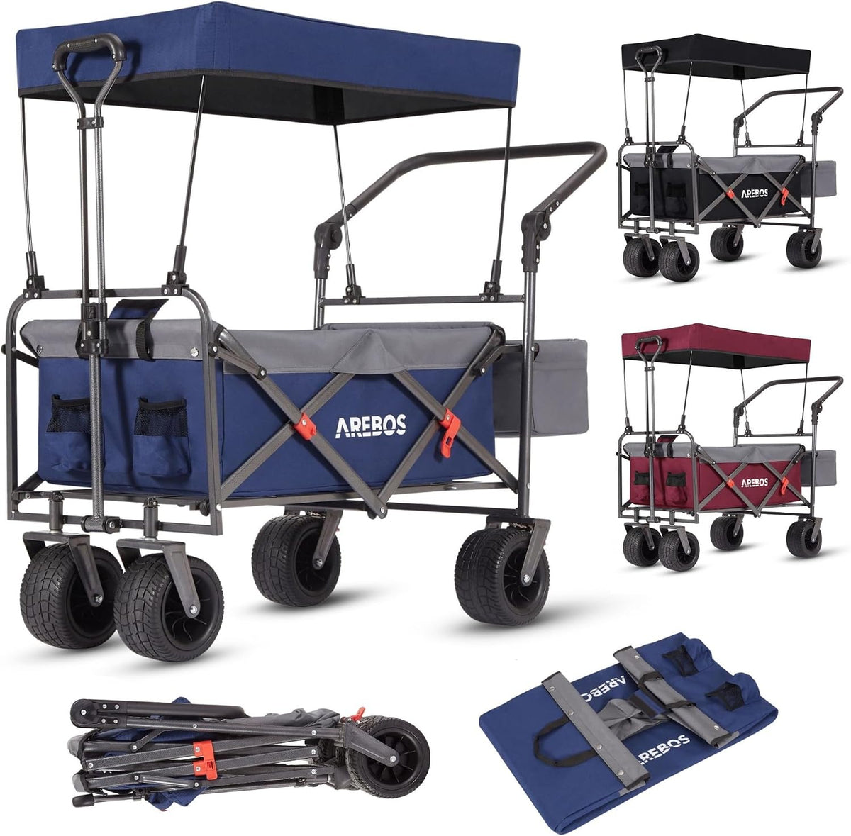 Arebos Bollerwagen mit Dach Blau, bis 100 kg, faltbar, XXL-Tasche