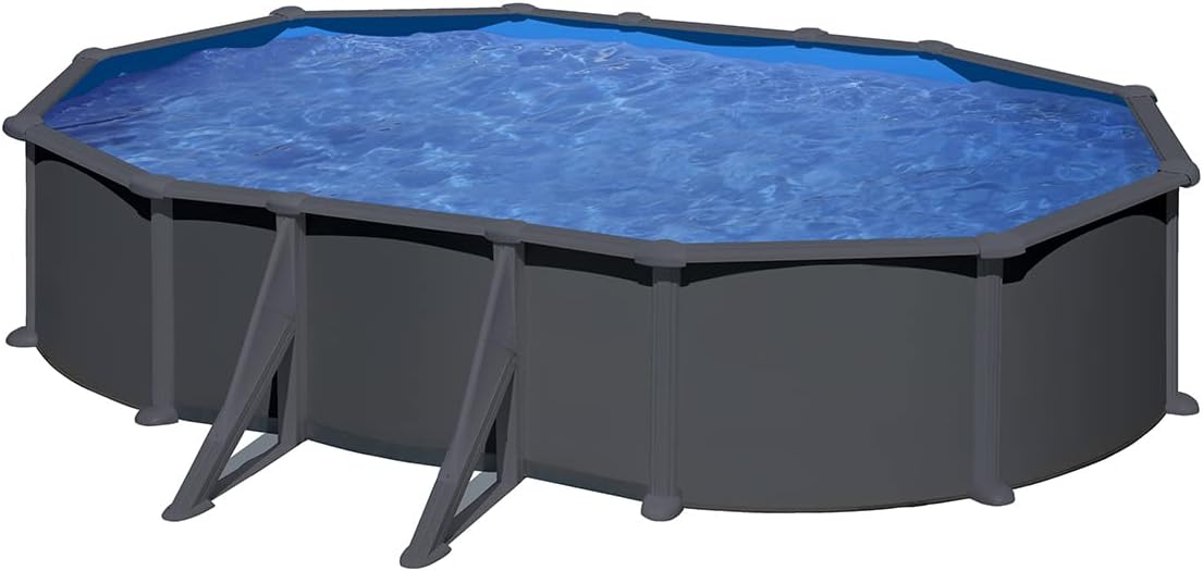 Gre Pools Pool Oval Stahl 6,34 m x 3,99 m x 1,32 m, Anthrazitgrau, Sandfilteranlage, sichtbare Verstärkungen
