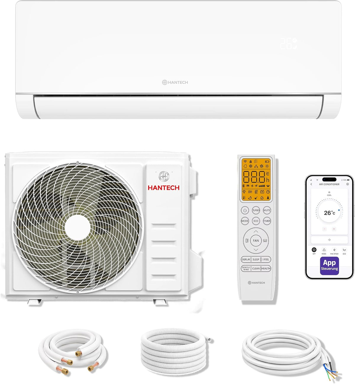 Hantech Split Klimaanlage 18000 BTU 5,2 kW WLAN R32 H-Plus 3m Leitung