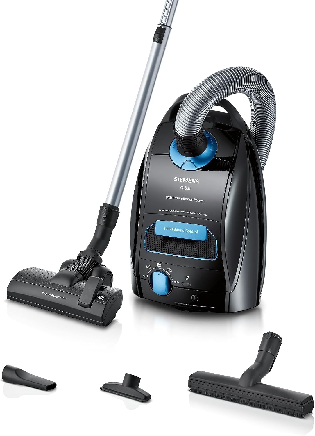 Siemens Staubsauger mit Beutel Q5.0 Extreme silencePower VSQ5X1232, 850 W, für Allergiker, Teppich und Fliesen, Hygiene-Filter, langes Kabel, schwarz