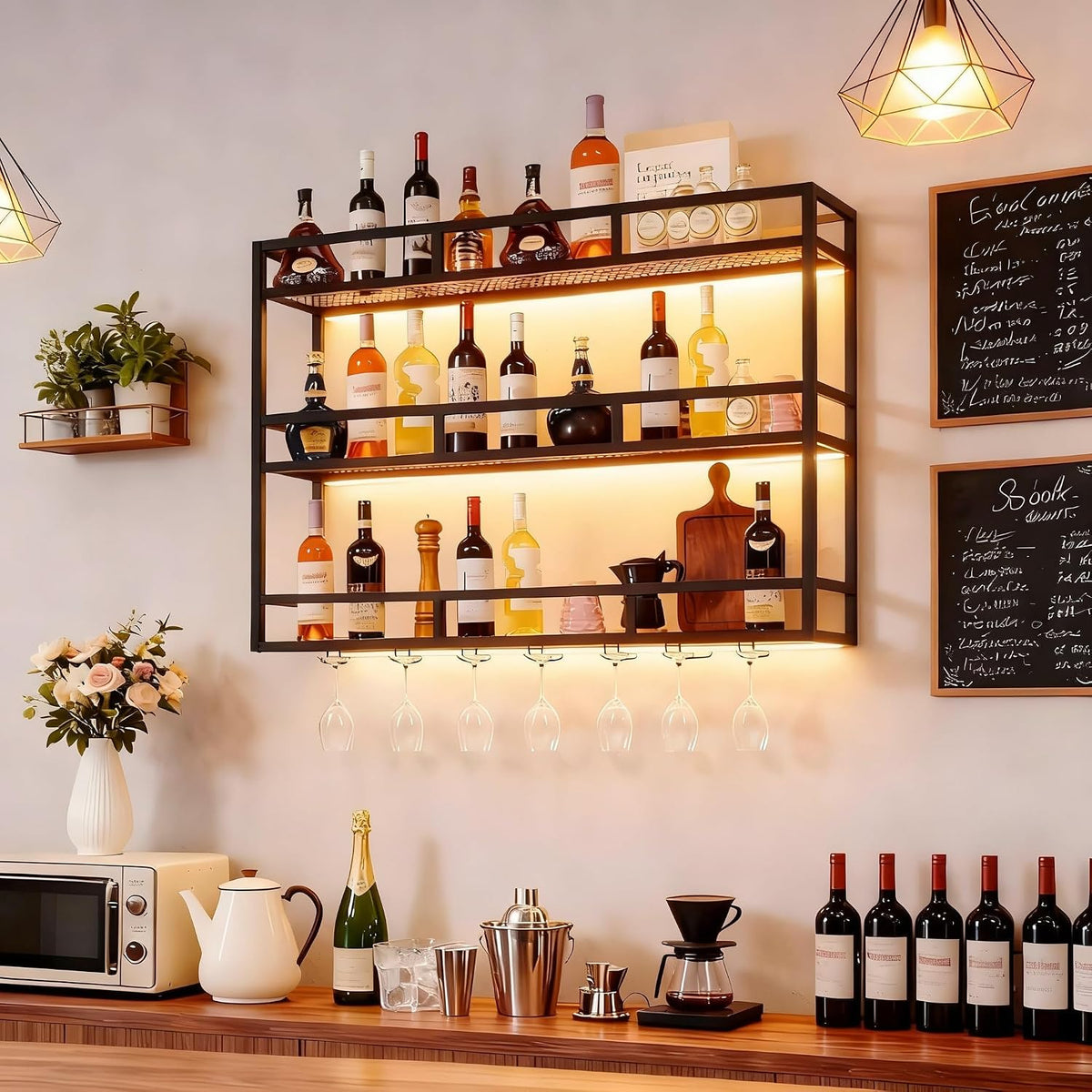 100 cm 3-stöckiges Weinregal aus Metall mit LED-Beleuchtung für Bar