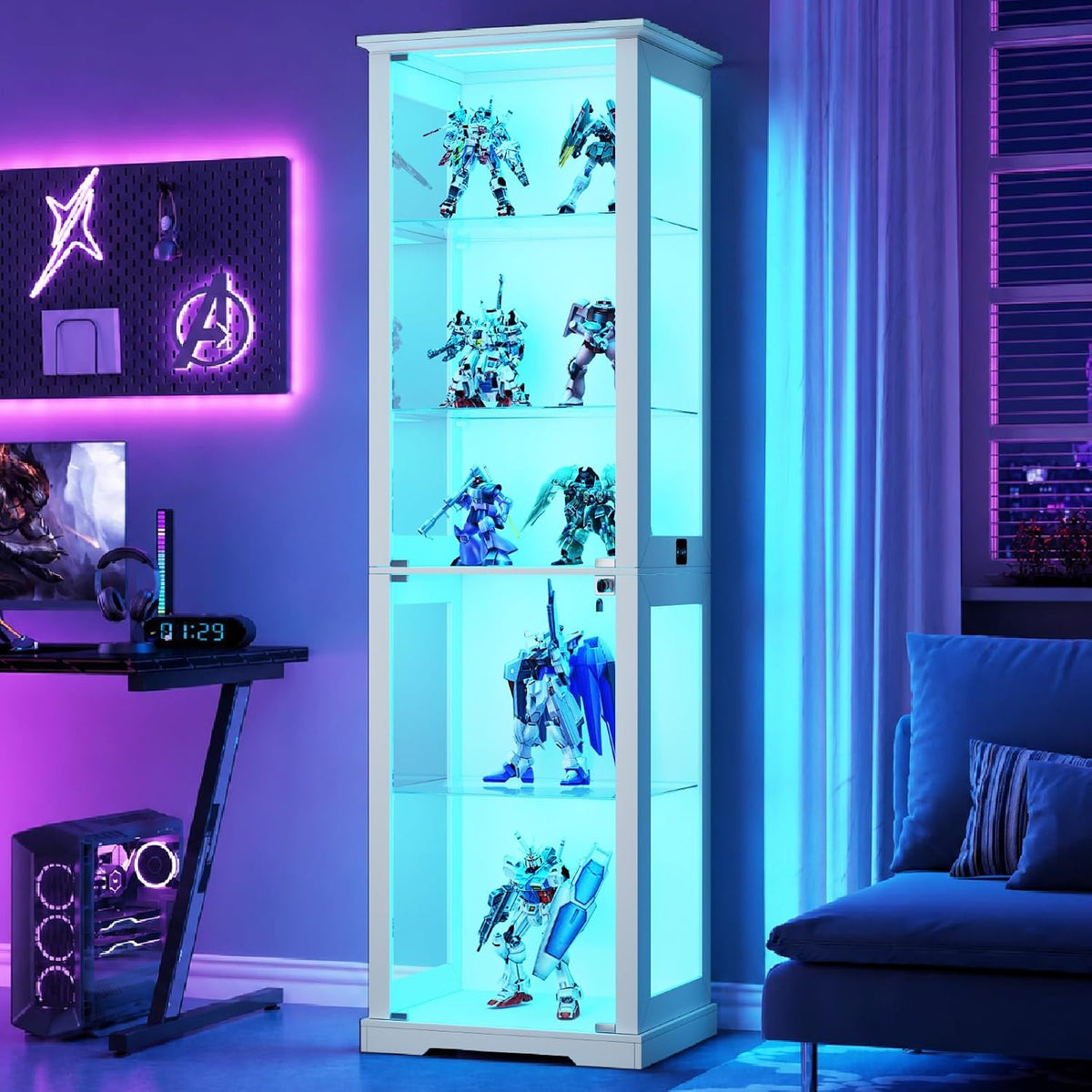 Lvifur 180cm 5-Lagen Glasvitrine mit LED Beleuchtung und Glastüren, Weiß