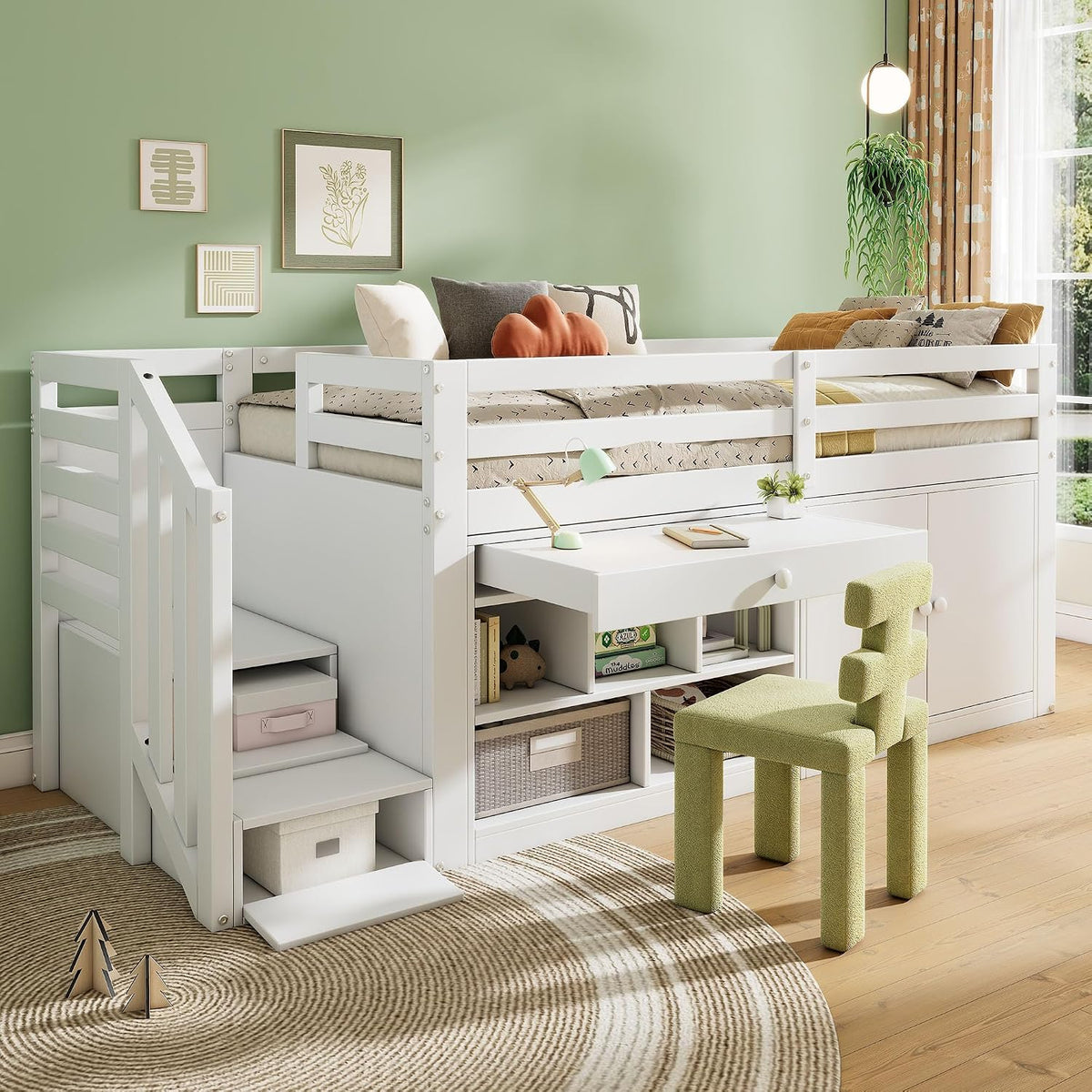 LAKFEW Etagenbett Kinderbett 90x200 cm, ohne Matratze, Bett mit Lattenrost, Einzelbett Holzbett mit Treppe, Schubladen und Stauraum, Weiß