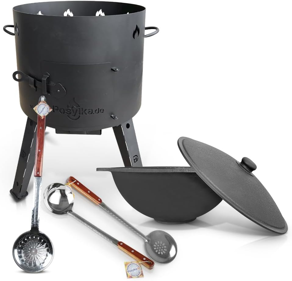 Utschak Feuerofen mit Gusseisen Topf flacher Boden mit Deckel 16 L Ø 44 cm Kazan Schaumlöffel für Plov 64 cm, Schaumlöffel 48 cm