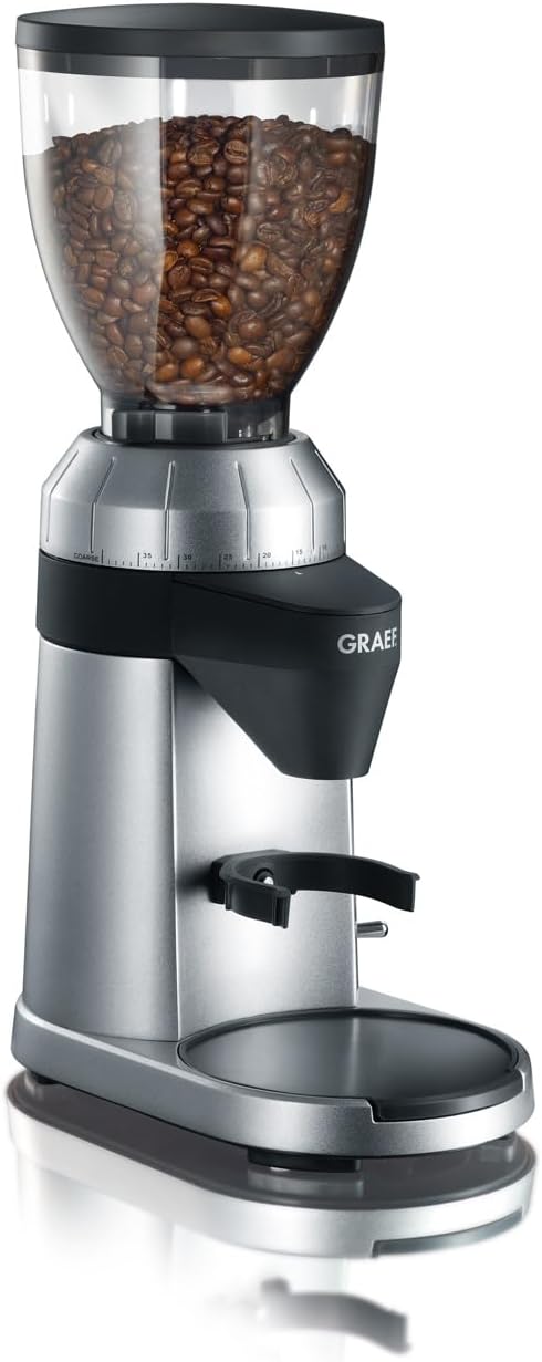 GRAEF CM800, Bohnenbehälter 350 g, 128 W, Elektrische Kaffeemühle, Aluminiumgehäuse, Edelstahl-Kegelmahlwerk, 40 Mahlgrade, Kaffeemühle Siebträger