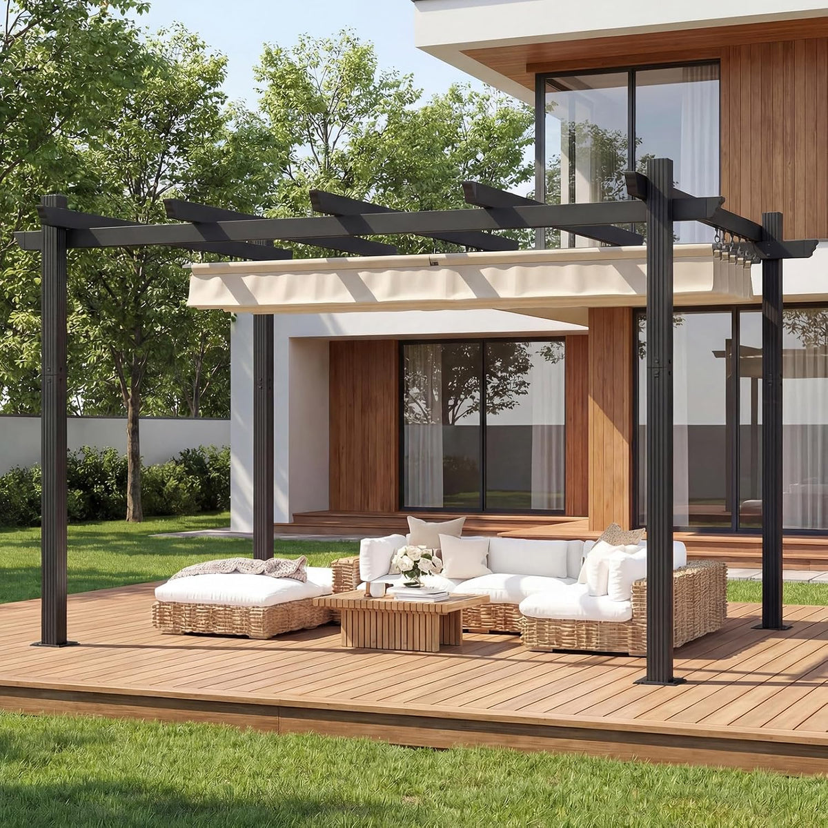 TRIUMPHKEY Pergola Pavillon 3x4m wasserdicht stabil Winterfest, Gartenpavillon Aluminium mit Schiebedach, Sonnenschutz für Garten Terrasse & Balkon