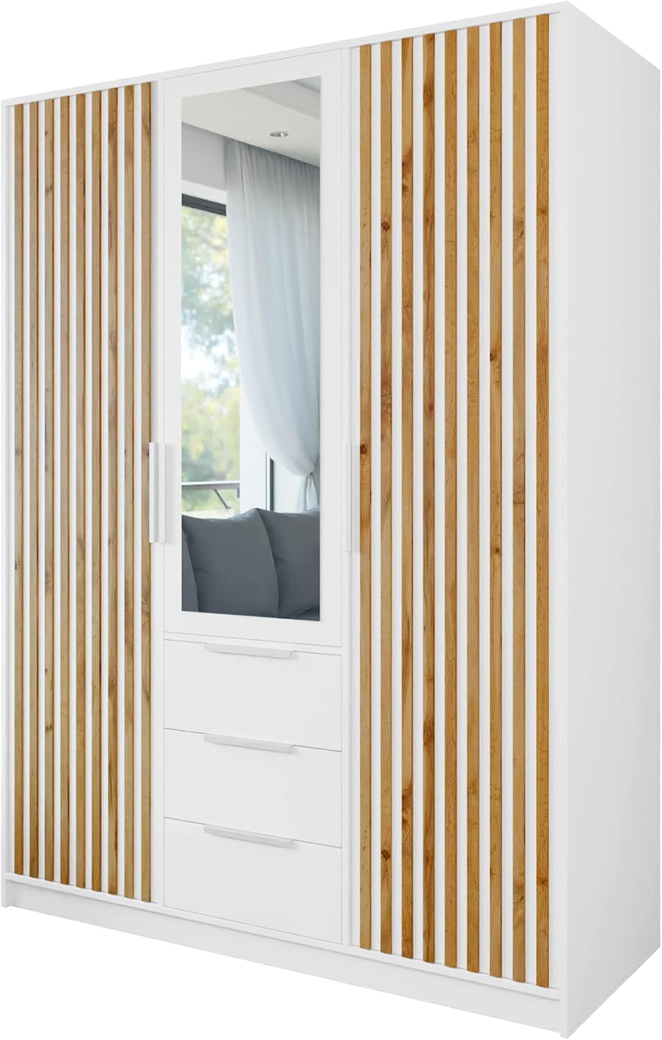 Mirjan24 Drehtürenschrank Bado Lux 3D, Kleiderschrank mit 3 Schubladen und Spiegel, Elegantes Schlafzimmer Schrank mit Spiegeltüren
