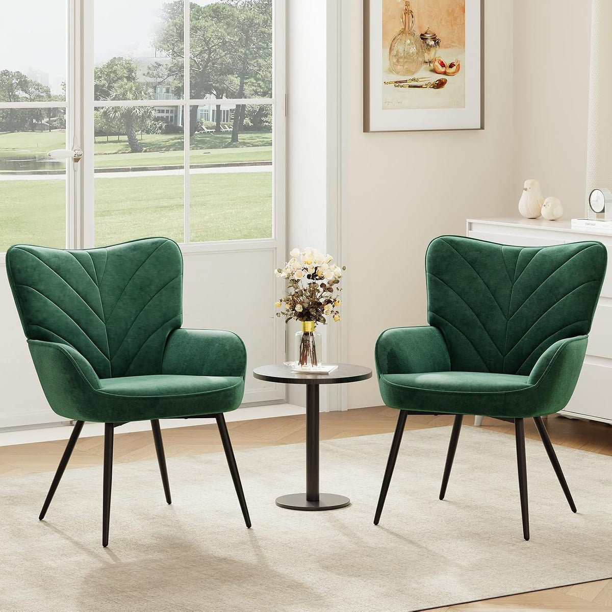 COLAMY Wohnzimmer Sessel 2er Set, Samtbezogener Relaxsessel mit hoher Rückenlehne, Gepolsterter Komfortsessel mit Wingback-Design, Leseecke, Grün